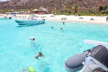Carefree clients swimming back from Soggy Dollar Beach Bar, Jost Van Dyke, BVI